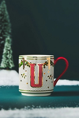 The Bistro Tile Stoneware Monogram Mug: Festive Edition | Anthropologie (US)