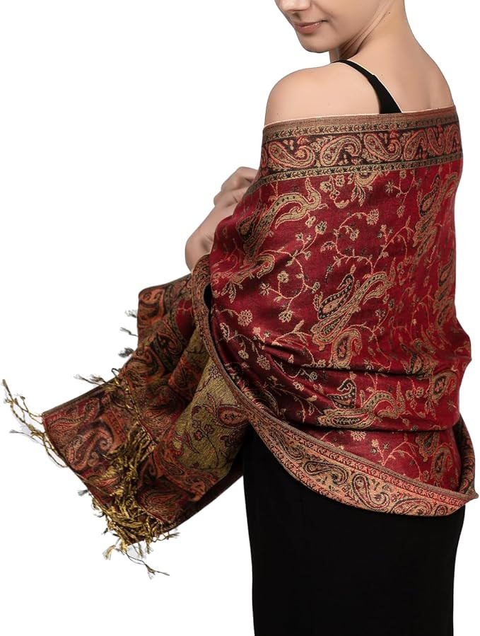 Achillea Soft Silky Reversible Paisley Pashmina Shawl Wrap Scarf w/Fringes | Amazon (US)