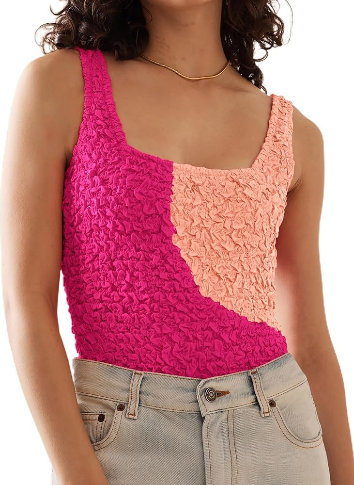 LCHLINY Women's Color Block Low Back Bodysuit Tank Top Textured Square Neck High Cut Leotard | Amazon (US)