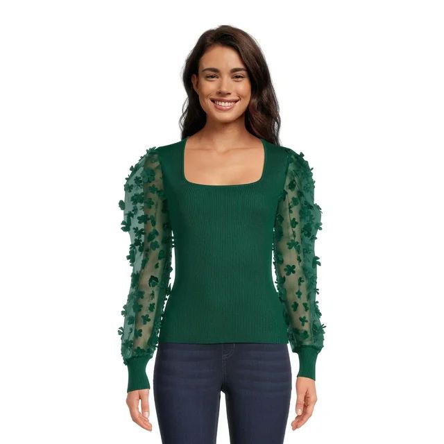 No Boundaries Juniors Square Neck Top with Long Puff Sleeves, Sizes XS-3XL | Walmart (US)
