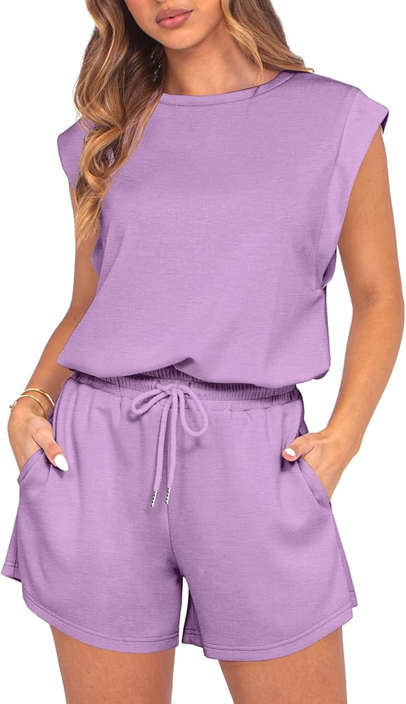 GRECERELLE Rompers For Women 2025 Summer Cap Sleeve Adjustable Drawstring Waistband Cozy Lounge S... | Amazon (US)