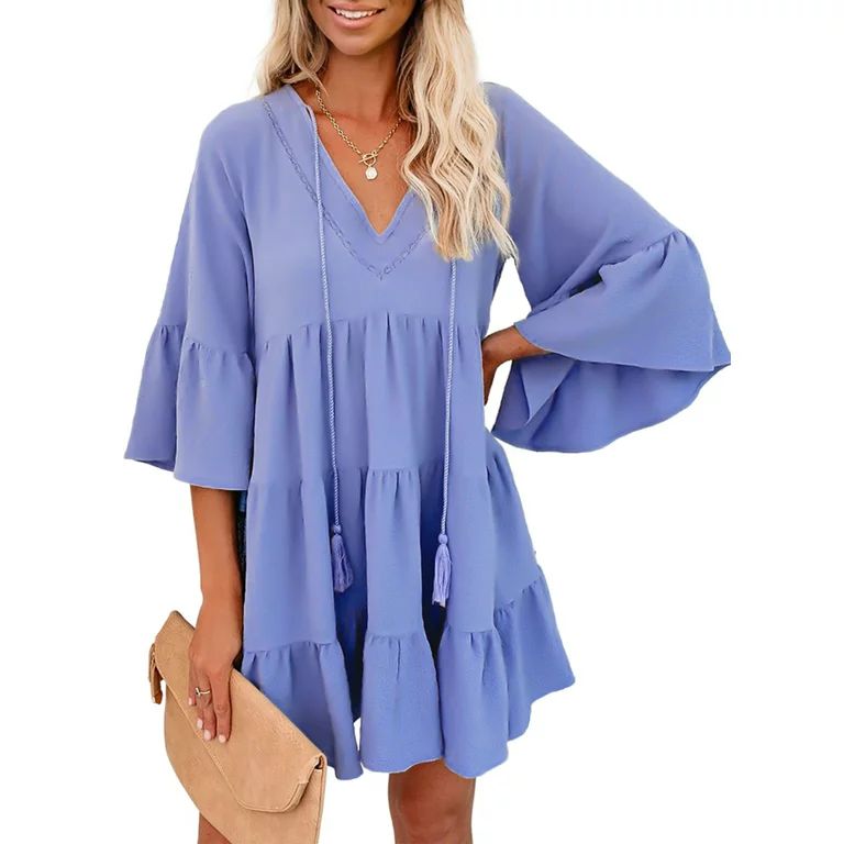 Dokotoo Womens Sky Blue Tassel Swing Mini Dresses V Neck Tunic Dress Loose Flowy Casual Bell Slee... | Walmart (US)