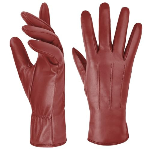 Harssidanzar Women Leather Glove,Winter Warm Cashmere Lining Touchscreen Texting Warm Driving Lambskin Leather Glove GL017,Red, Size S | Amazon (US)