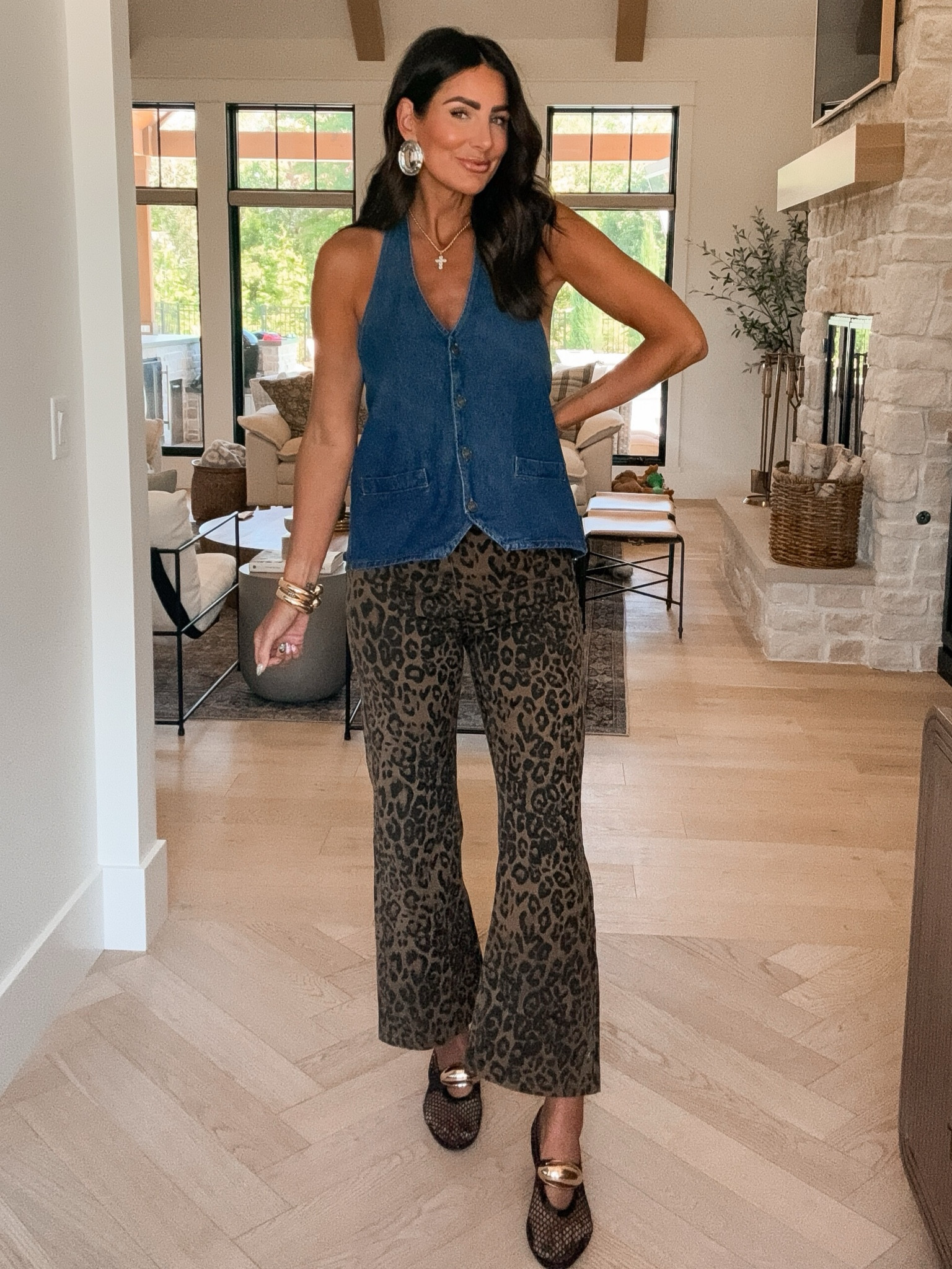 Leopard pants | leopard outfit | denim top | gold bangles | mesh flats 
(Size up in the leopard pants) 

#LTKFindsUnder50 #LTKFindsUnder100 #LTKStyleTip