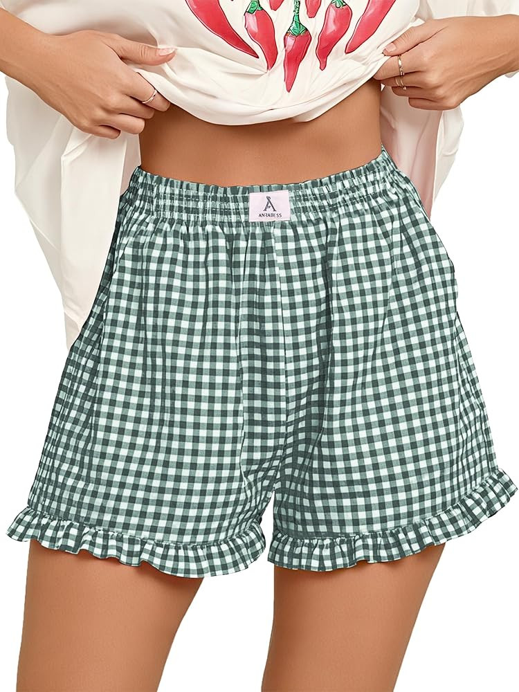 ANRABESS Womens Ruffle Boxer Shorts Pajama Gingham Shorts Summer Casual Lounge Sleep Plaid Beach ... | Amazon (US)