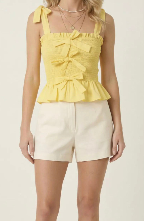 Modenaire Smocked Peplum Top with Bow Tie Straps and Ruffle Hem in Yellow at Nordstrom, Size X-Large | Nordstrom