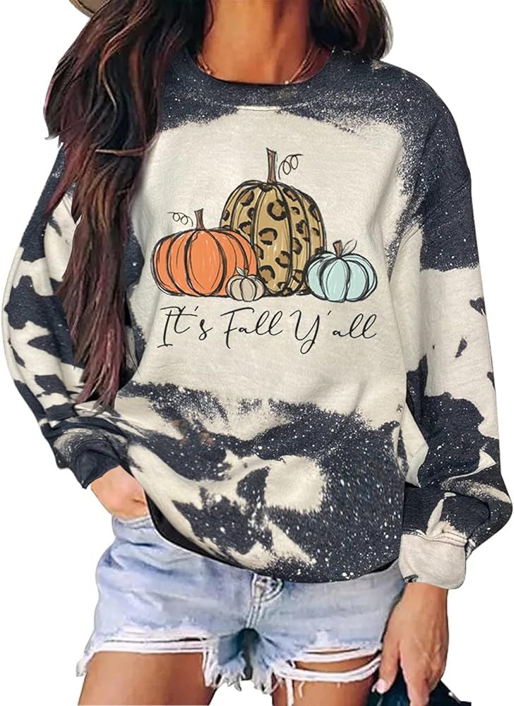 It's Fall Y'all Bleached Sweatshirt for Women Halloween Funny Pumpkin Graphic Pullover Tops Thank... | Amazon (US)