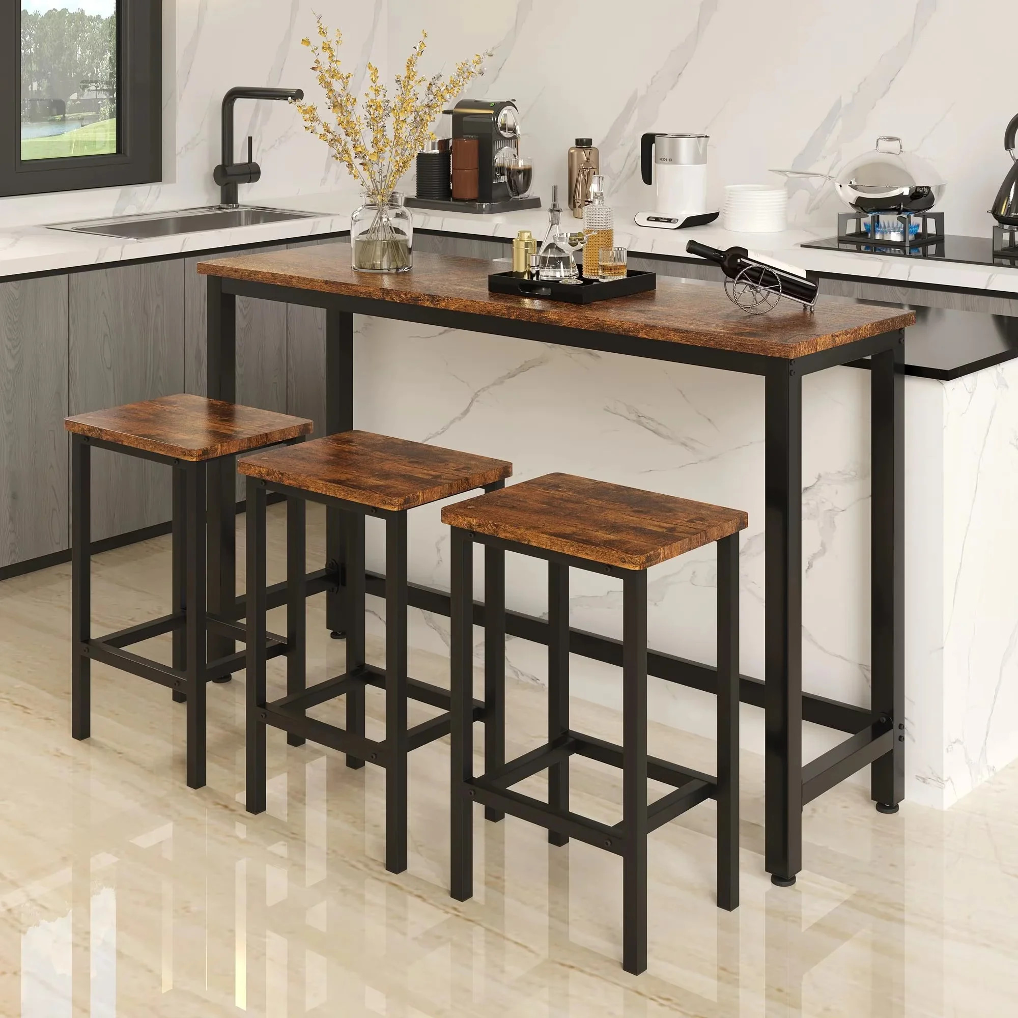 Small Kitchen Table Set for 3, Modern Dining Room Table Set with 3 Stools, Extra Long Bar Table S... | Walmart (US)