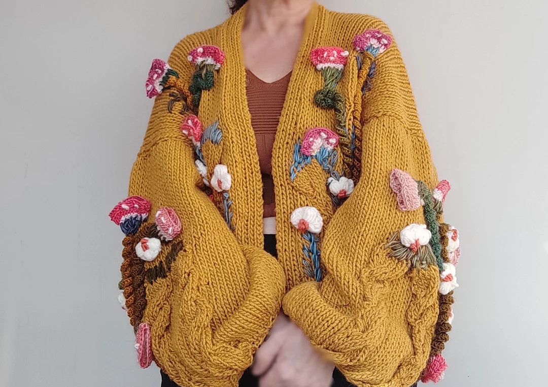 Fall Style Knit Mushroom Embroidery Cardigan: Mustard Wool Blend Oversized Sweater | Etsy (US)