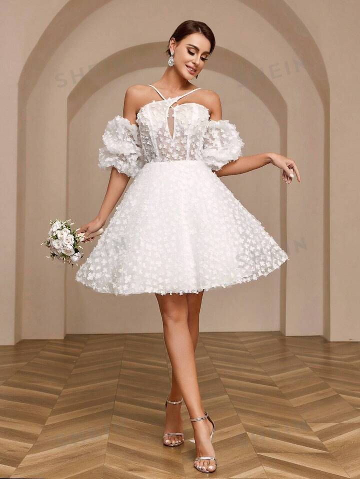 SHEIN Belle 3d Floral Fabric Ball Gown With Crossed Cami Design Wedding Dress | SHEIN