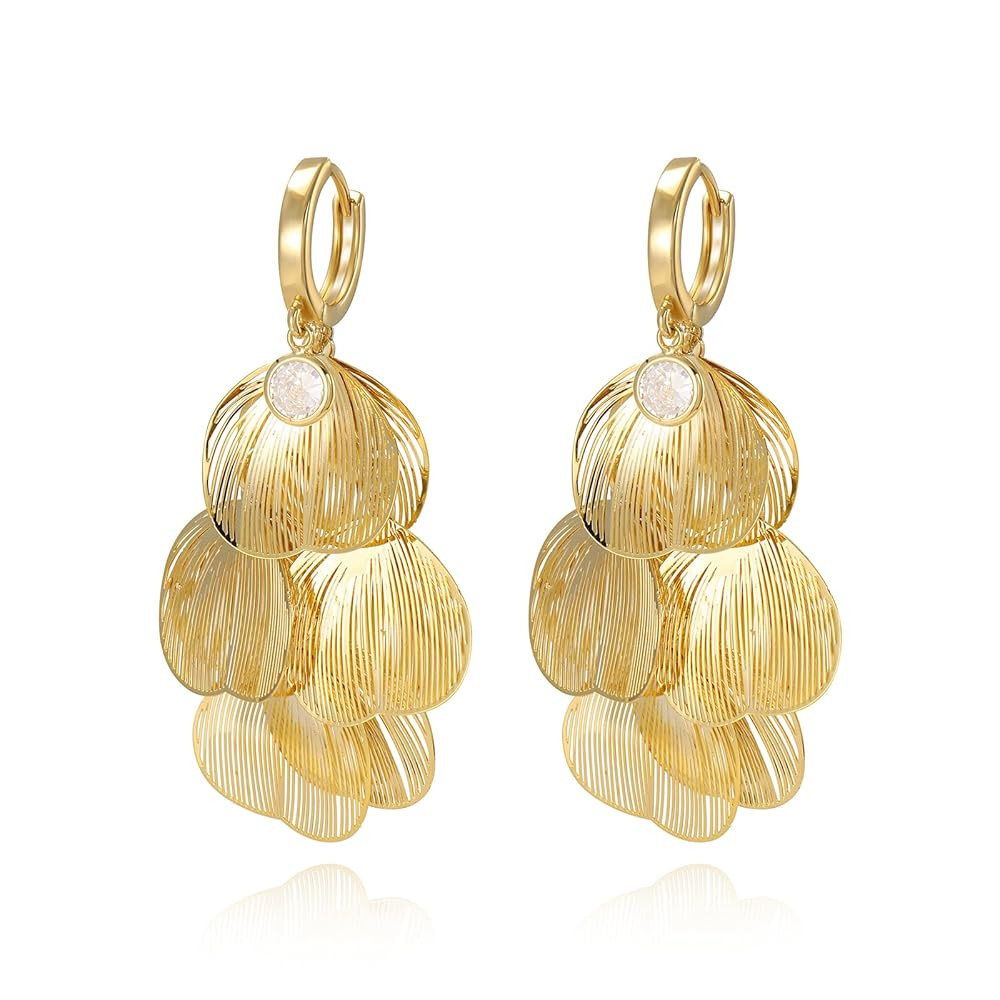 Boho Flower Layered Floral Leaf Drop Dangle Earring For Women,Metal CZ Gold Lightweight Flower Bo... | Amazon (US)