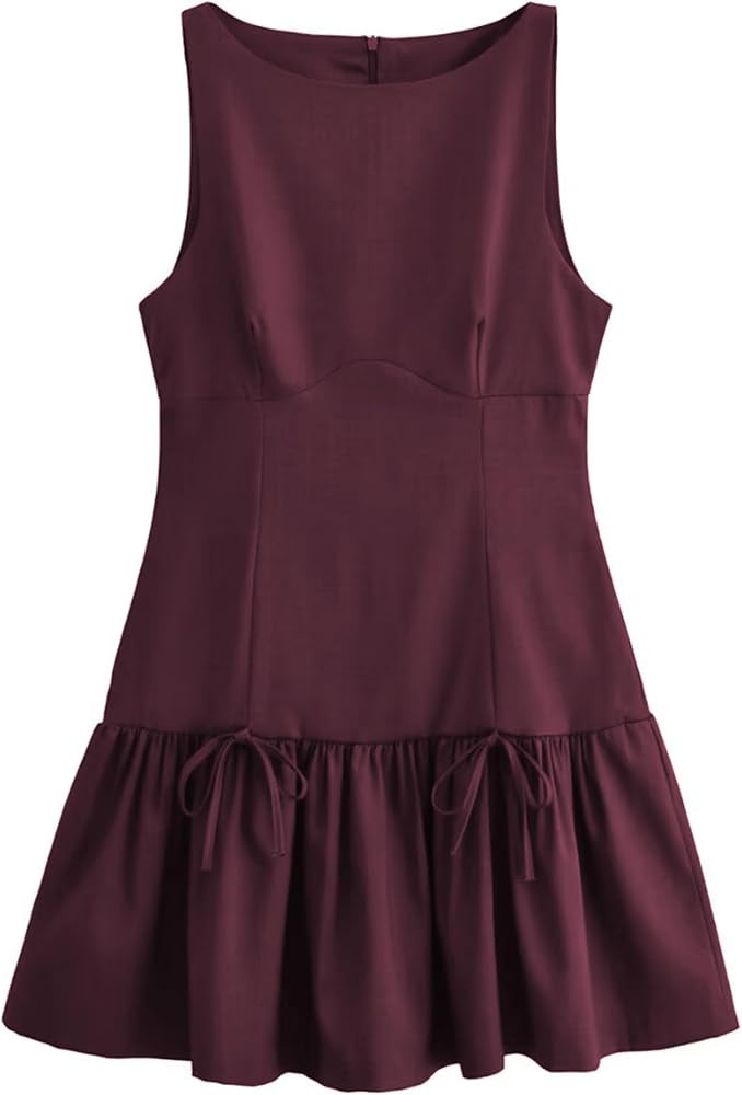 Womens Sleeveless Pleated Dress Girdling A Line Solid Color Pullover Round Neck Bow Zipper Back M... | Amazon (US)