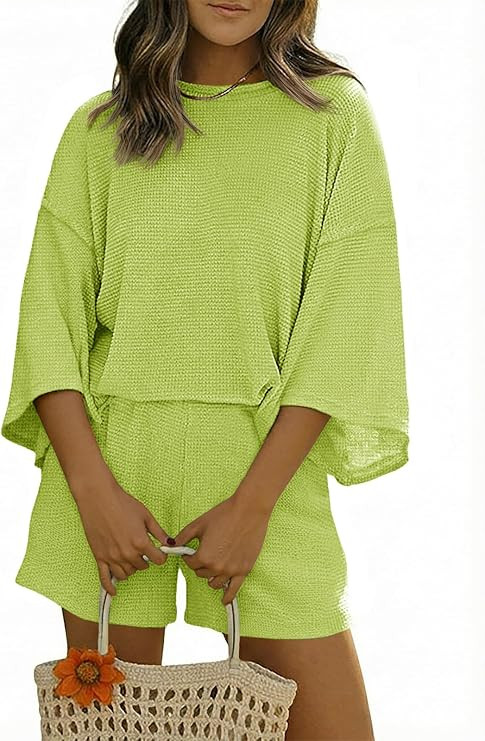 Tankaneo Womens Short Sets 2 Piece Outfits 3/4 Sleeve Tops and Elastic Waist Shorts Lounge Set Ca... | Amazon (US)