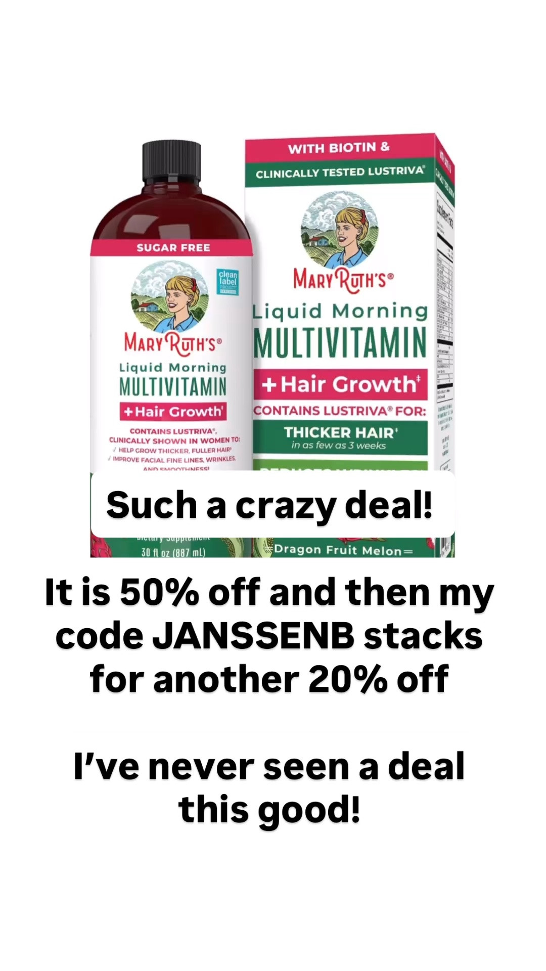 I’ve never seen a deal this good on my beloved Mary Ruth hair growth liquid vitamins!
50% off and my code JANSSENB stacks for another 20% off!
(Only works on the dragon fruit flavor)

#LTKSaleAlert #LTKBeauty
