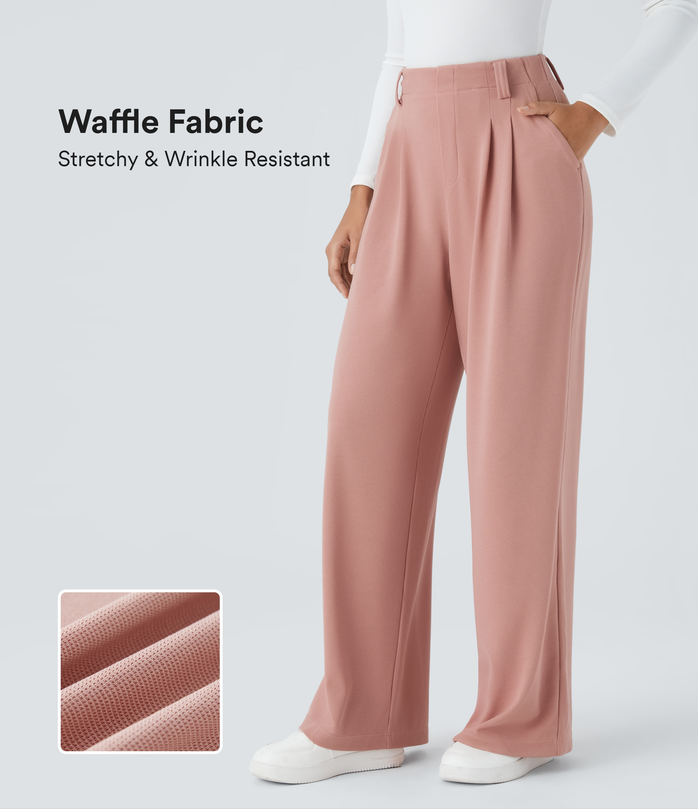 Halara Halara Flex™ High Waisted Pocket Wide Leg Waffle Work Pants - Peach Beige - L(regular) sweatpants jogger pants stacked sweatpants | HALARA