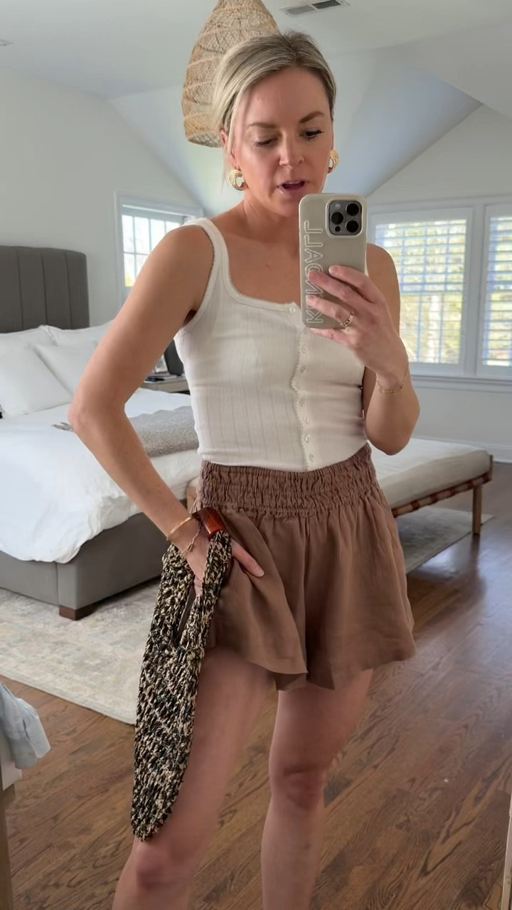 Ordered this cute bag & flowy shorts for spring break. Wear to breakfast or as a cover up. 
-small shorts, tts 
-tank is old, linked similar 