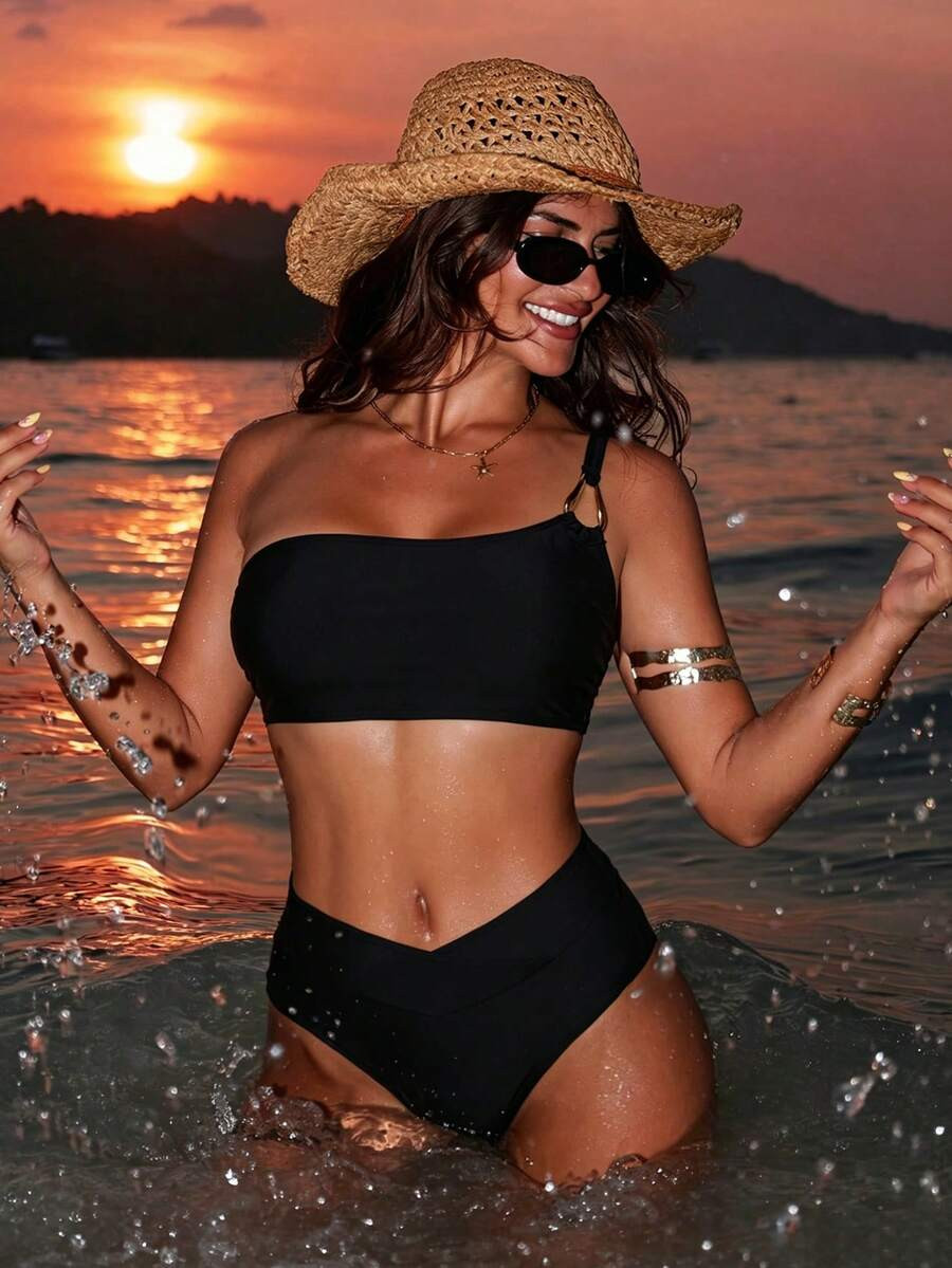LocalSwim Vcay Women's Summer New Solid Color Vacation Style One-Shoulder Bandeau Crossed Front B... | SHEIN