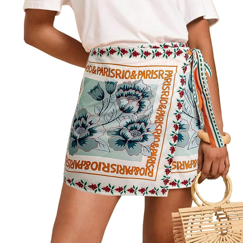 Womens Wrap Mini Skirt Boho Floral Printed Knot Side High Waist A Line Casual Summer Beach Short ... | Amazon (US)