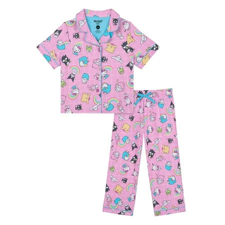 Hello Kitty Girls Short Sleeve Sleep Notch Collar Top and Pants Pajama Set, 2-Piece, Sizes 4-12 | Walmart (US)