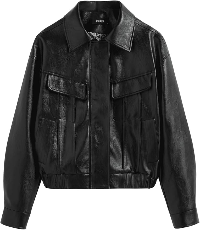 CIDER Faux Leather Collar Soild Pocket Jacket Women's Faux Leather Jacket Cool Long Sleeve Outerw... | Amazon (US)