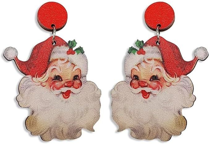 Zian Christmas Earrings Red Pink Wooden Santa Earrings Red Maple Leaf Earrings Round Cowboy Hat C... | Amazon (US)