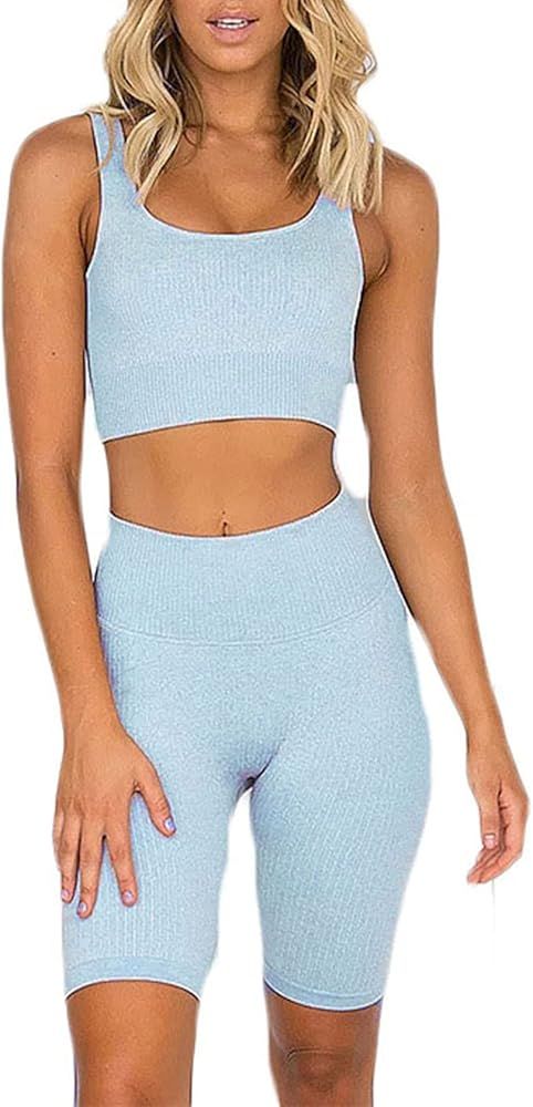 Laspia Workout Set for Women Outfit 2 Piece Seamless Ribbed High Waist Yoga Leggings with Sports ... | Amazon (US)