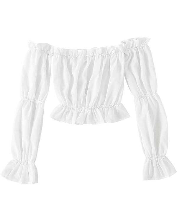 LYANER Women's Off Shoulder Ruffle Trim Puff Long Sleeve Tube Crop Blouse Shirt Top | Amazon (US)