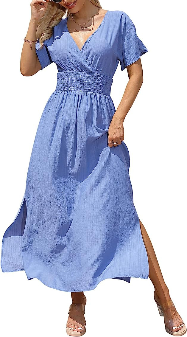 KOJOOIN Women's Floral Print V-Neck Ruffle Short-Sleeved Waist tie Dress Maxi Dress | Amazon (US)
