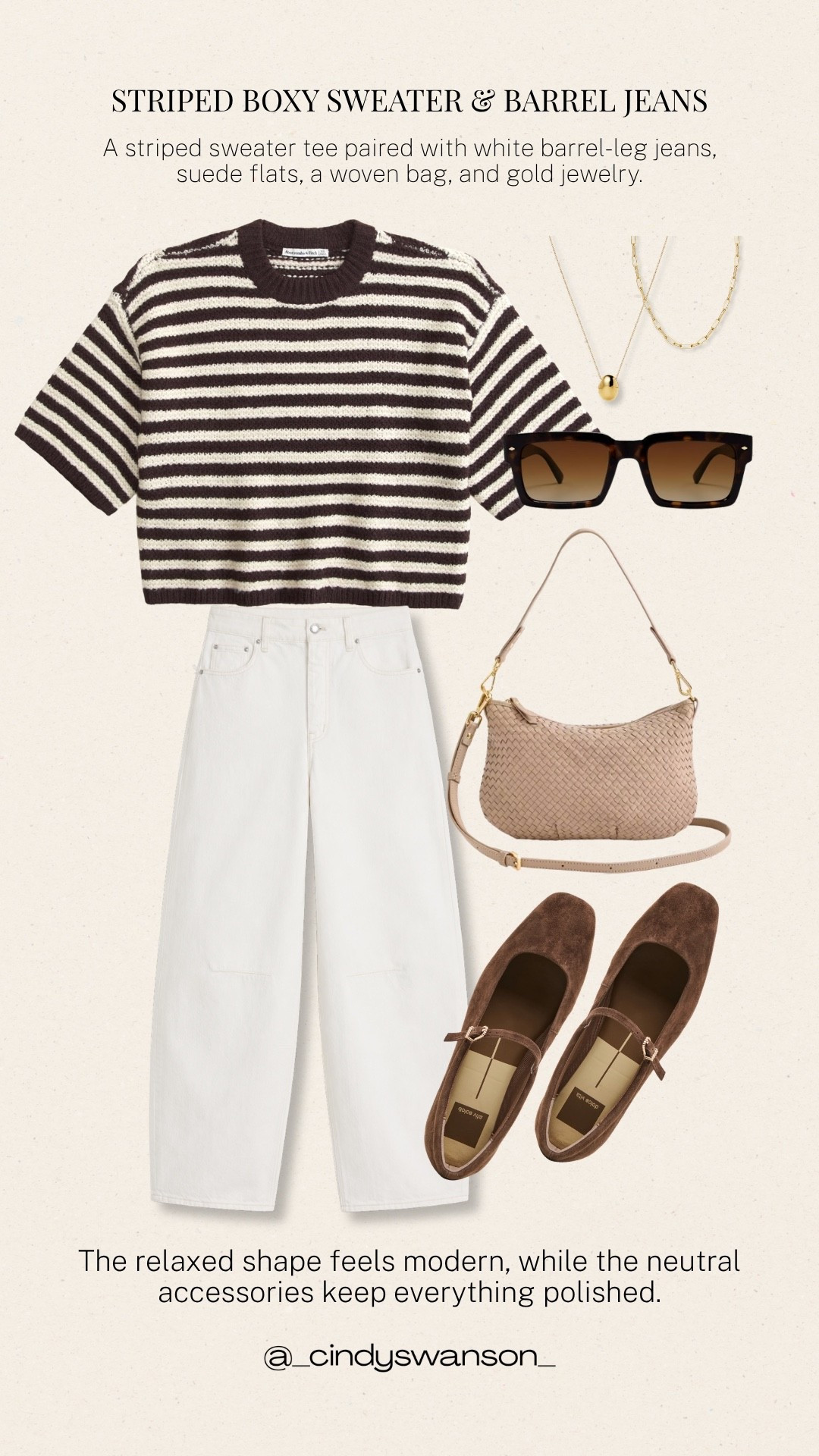 This striped short-sleeve sweater is such an easy way to add classic interest to a neutral wardrobe. Paired with white barrel-leg jeans, suede flats, and a woven bag, it feels relaxed, polished, and effortless for everyday wear.

💡 LTK MADE EASY
❤️ Heart = Support my posts!
🔖 Save = Get sale & restock alerts
📋 Lists = Keep favorites organized
📲 Share = Send lists and products to a friend. Hello, Christmas List!
💬 Comment = Ask me anything about what I’m wearing.:-)

#LTKootd #LTKOver40 #LTKSeasonal