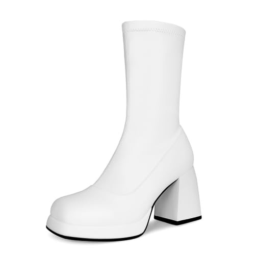 JEDKARAR White Chunky Go Go Boots for Women White Boots White Platform Boots for Women Platform White Boots Platform White Go Go Boots Mid Calf Boots for Women White Heeled Boots | Amazon (US)