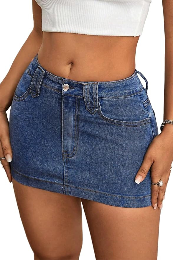 ELLEVEN Women's Y2k Stretchy Denim Mini Skirt Low Rise Casual Sexy Bodycon Jean Skirt with Pocket... | Amazon (US)