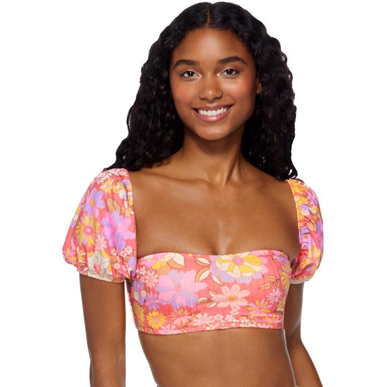 No Boundaries Juniors Retro Field Puff Sleeve Swim Top | Walmart (US)