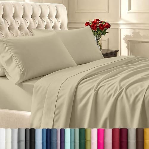California Design Den Full Size Bed Sheets Set - Soft 400 Thread Count Sateen, Natural 100% Cotton Sheets Set with Deep Pockets, Breathable, and Durable Bedding - Beige (Golden Tone) | Amazon (US)