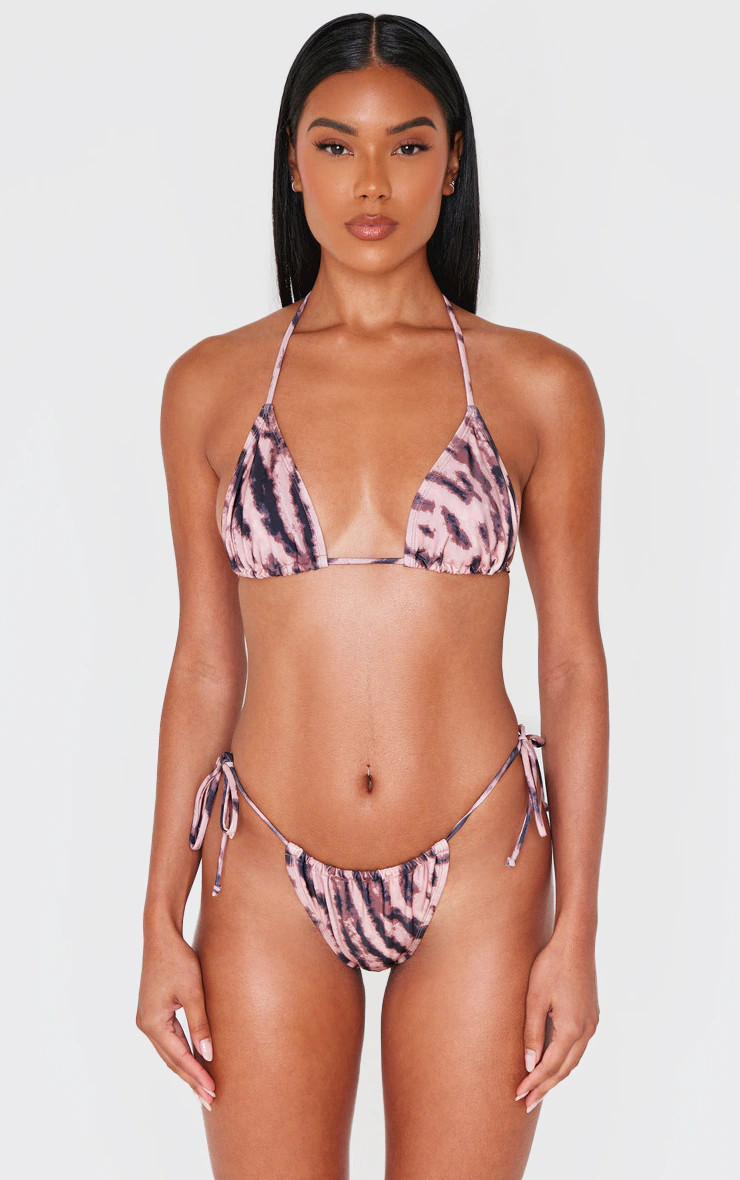 Light Pink Animal Print Ruched Tie Side Bikini Bottoms | PrettyLittleThing US
