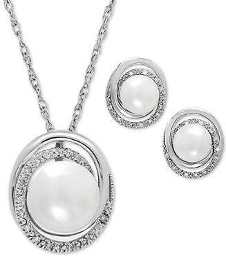 Cultured Freshwater Pearl (7 & 8mm) and Diamond Accent Pendant Necklace and Earrings Set in Sterl... | Macy's
