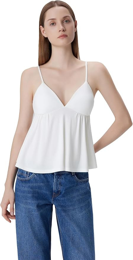 SUUKSESS Women V Neck Babydoll Tank Tops with Built in Bra Summer Cute Peplum Cami Going Out Tops | Amazon (US)