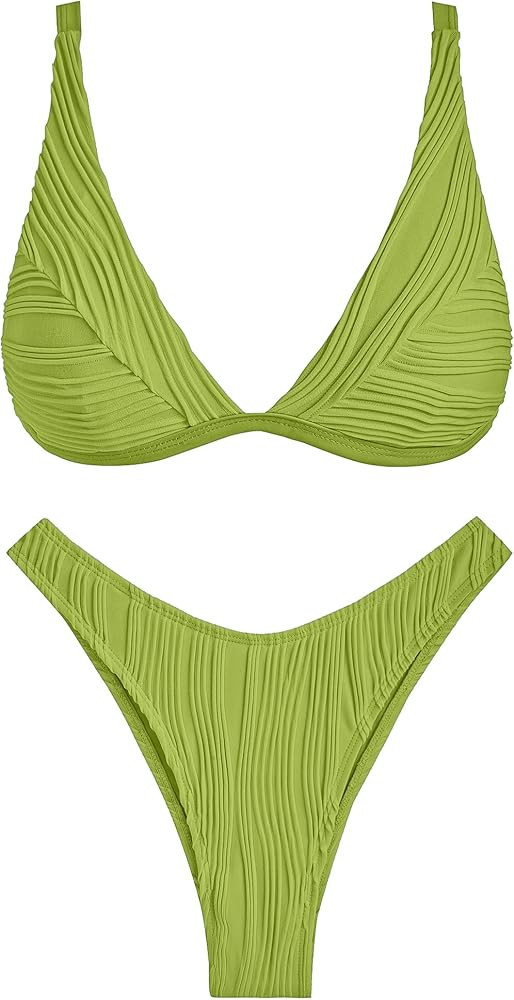 ZAFUL Women's Sexy Two Piece Swimwear Textured Triangle Plunging Neck High Cut Cheeky Bikini Set ... | Amazon (US)