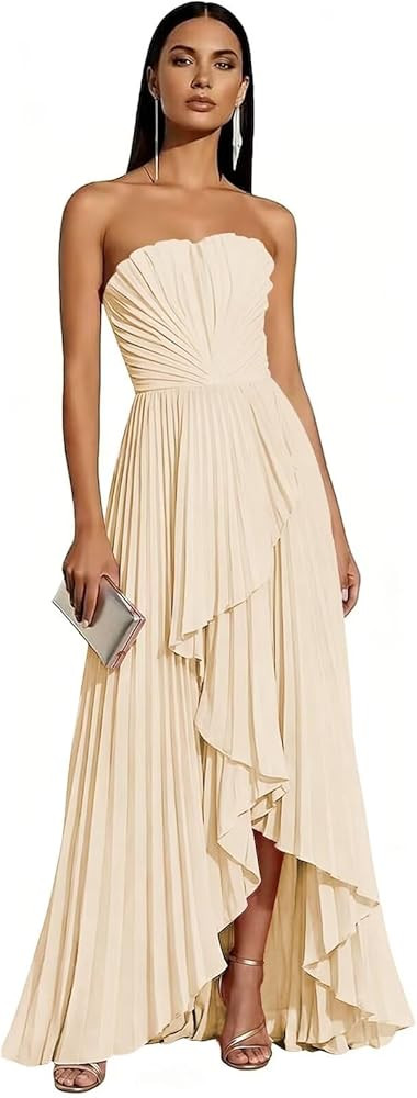 Strapless Bridesmaid Dresses for Women 2026 Pleated Satin Hi-Lo Formal Dress for Wedding Guest | Amazon (US)