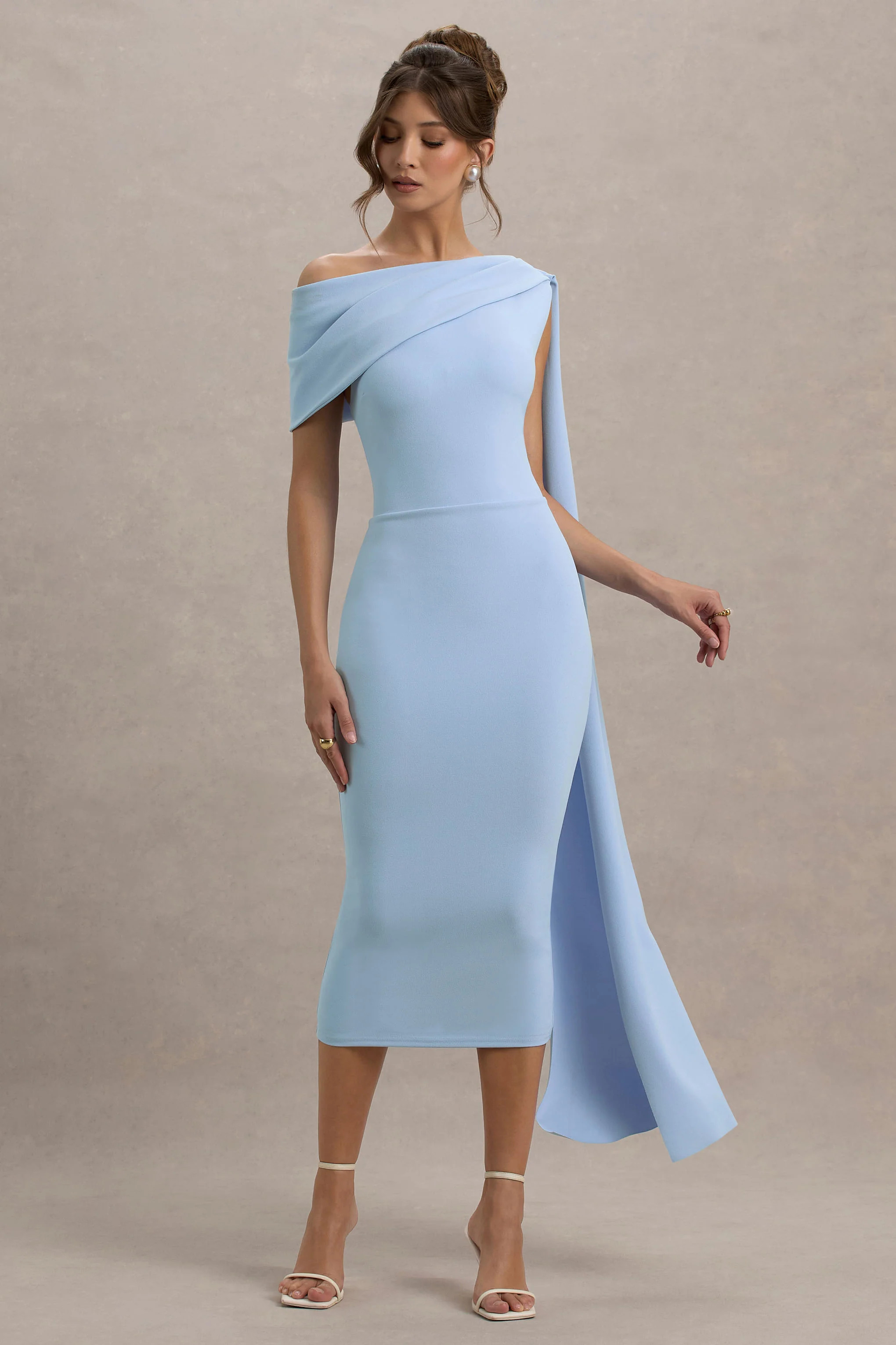 Niamh | Powder Blue Asymmetric Midi Dress With Drape | Club L London