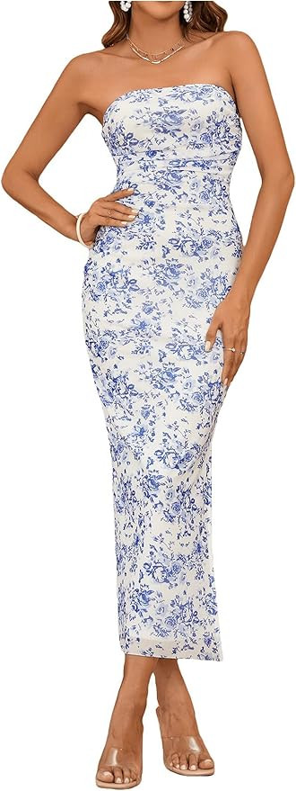 Milumia Women's 2026 Summer Floral Bodycon Maxi Dress Strapless Tube Top Long Dresses Wedding Gue... | Amazon (US)