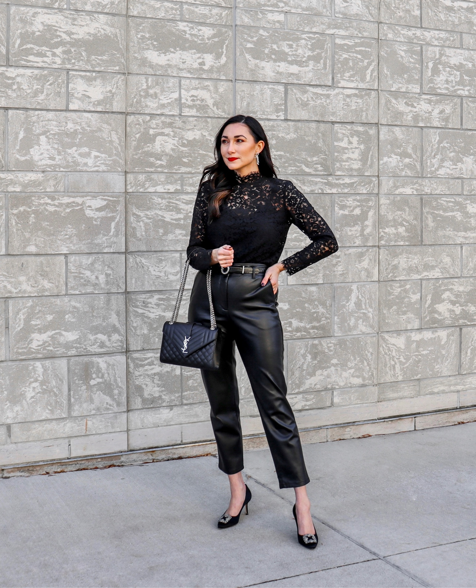 Black lace top size 2 TTS
Black faux leather pants size 4 (fit big in waist but wouldn’t size down)
Manolos Blahnik 37.5 TTS
YSL bag 

Office holiday party GRWM🖤❤️ Happy December 1st!! It’s officially time to share everything holiday related. Today I’m sharing a classy all black holiday look that I think would be perfect for an office holiday party because we are on trend but more covered up. Where would you wear this look?⬇️
•
•
•
•
•
•
•
•
#holidaystyle #officeholidayparty #grwm #fauxleatherpants #holidayoutfit #ootn #holidayparty #lacetop #chicstyle #gno #parisianchic #holidaypartyoutfit #manolos #chicoutfit #datenightoutfit #momentsofchic #outfitideas #loveloft #elegantstyle #winterfashiontrends #classystyle #styleover30 #elegantoutfit 

#LTKshoecrush #LTKHoliday #LTKitbag