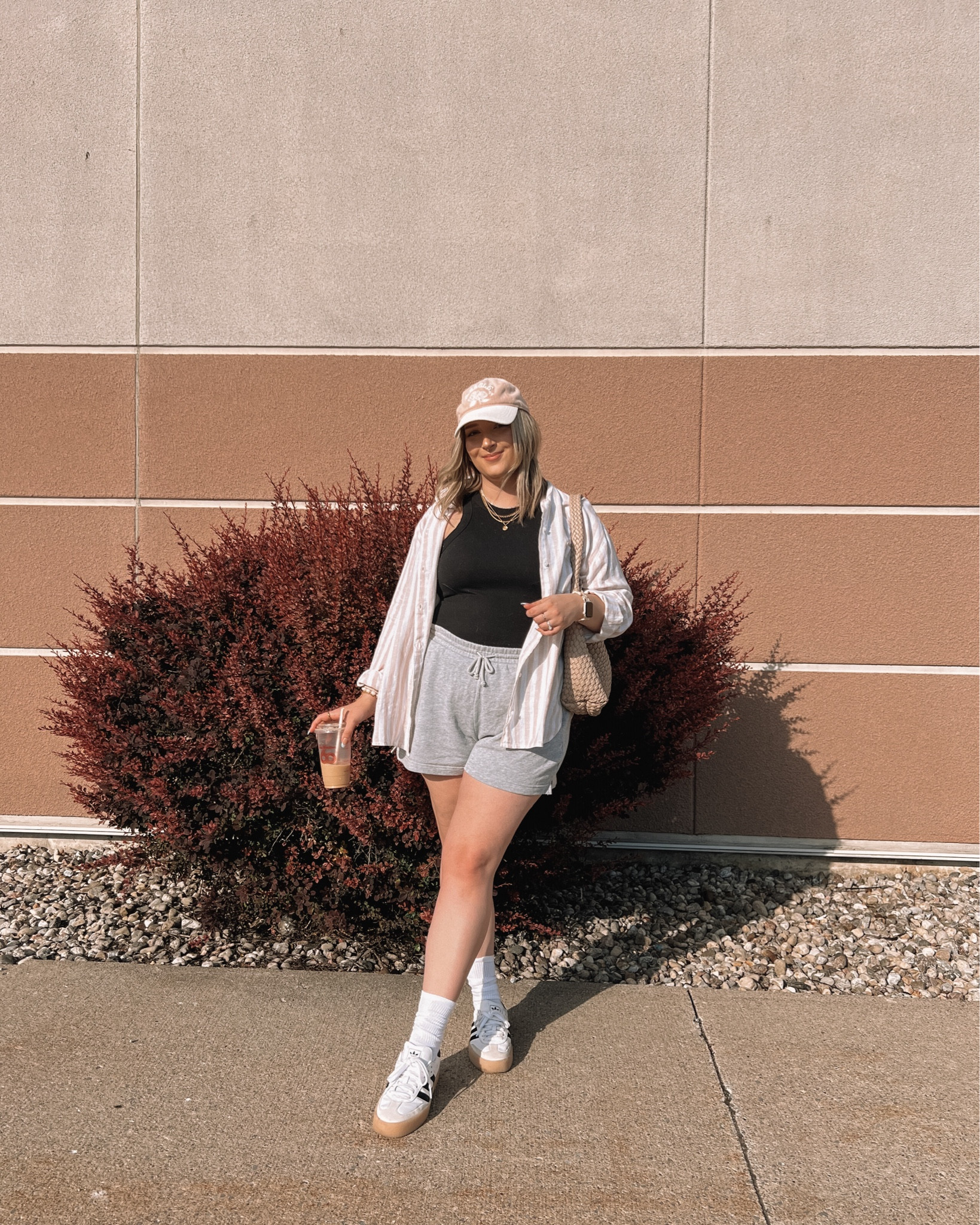 Comfy casual midsize summer outfit - basic black tank top (M), grey sweat shorts (L), striped linen button up shirt (L), baseball cap, tote bag, and adidas sambas

Errands outfit, everyday style, affordable fashion 

#LTKcanada #LTKmidsize #LTKsummer