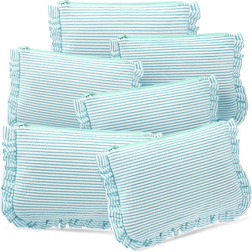 Sanwuta 6 Pcs Seersucker Cosmetic Bag Bulk Striped Ruffle Makeup Bag for Women with Zipper Cute T... | Amazon (US)