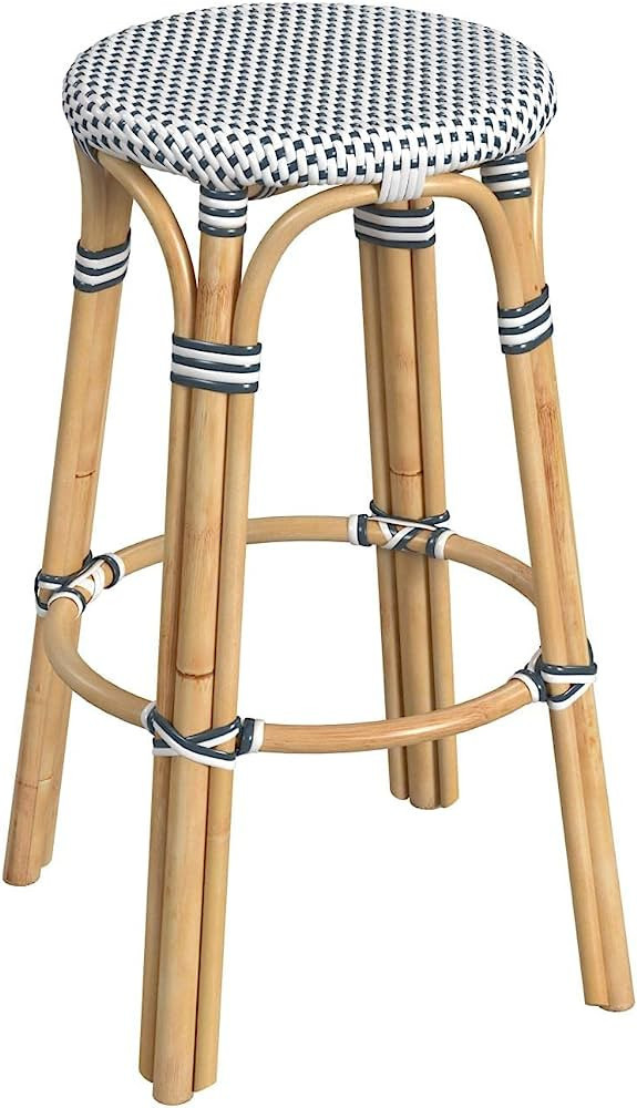 Butler Specialty Company Tobias Round Rattan 30" Bar Stool - White and Navy Dot | Amazon (US)