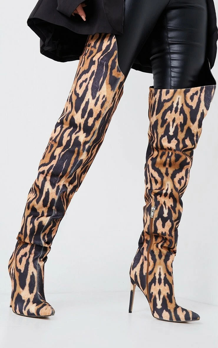 BNIB 5 PRETTY LITTLE THING ANIMAL LEOPARD PRINT OVER KNEE OTK THIGH HIGH BOOTS | eBay UK