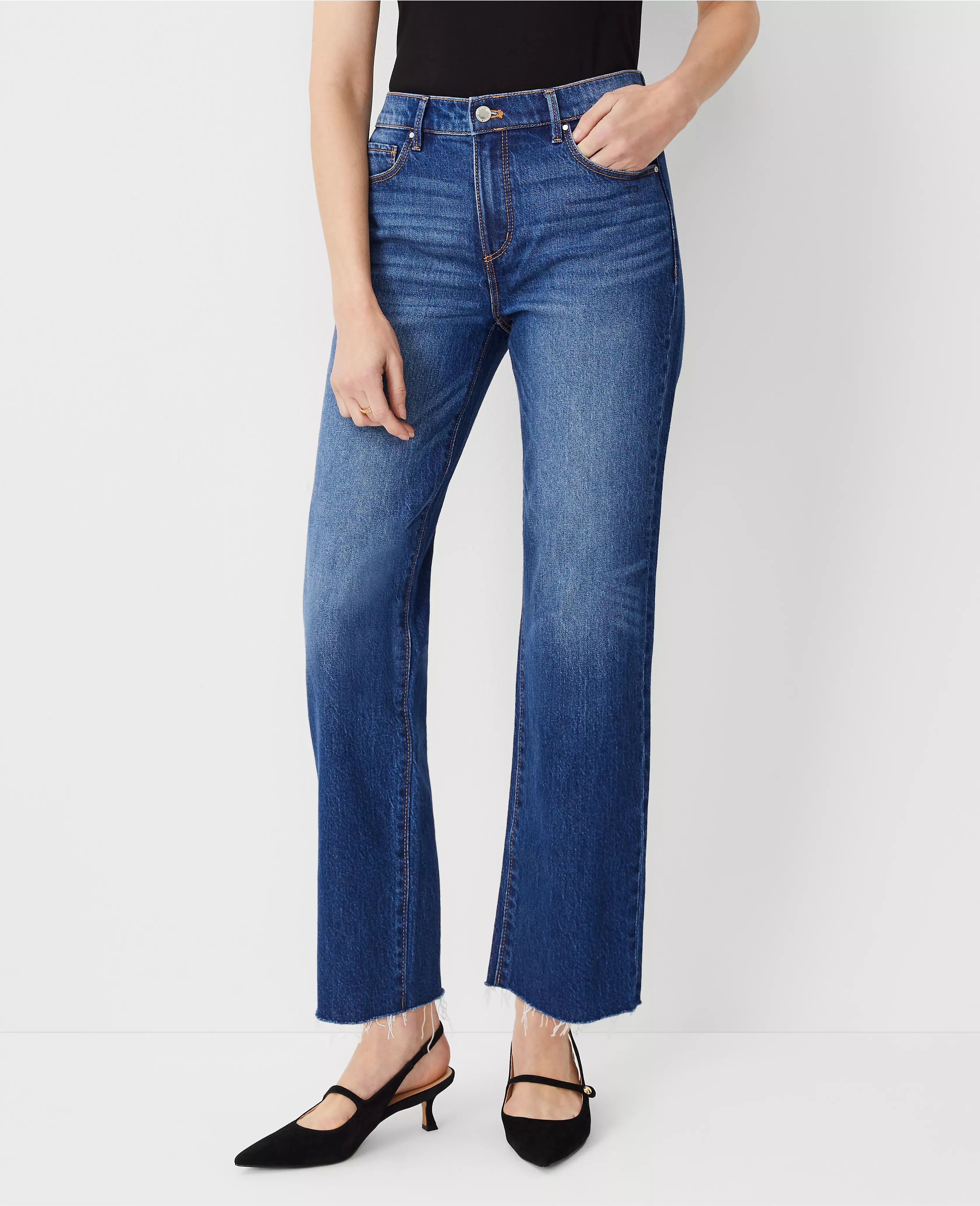 AT Weekend Fresh Cut Mid Rise Straight Jeans in Dark Wash | Ann Taylor (US)