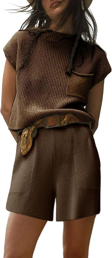 Bianstore Women's Two Piece Outfits Knit Sweater Set Solid Pullover Tops and Elastic Waist Short ... | Amazon (US)