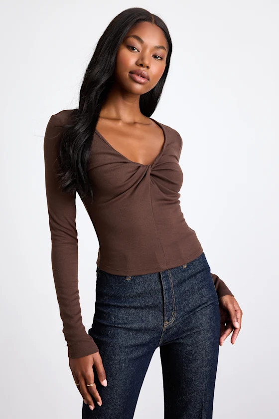 Firona Brown Jersey Knit Twist-Front Long Sleeve Top | Lulus