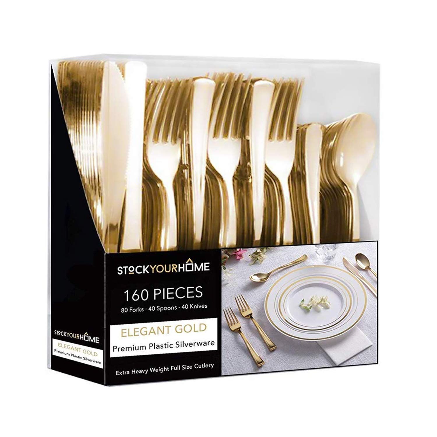 Gold Plastic Cutlery Set 160 Pack Disposable Silverware - 80 Forks, 40 Knives, 40 Spoons - For Ca... | Amazon (US)