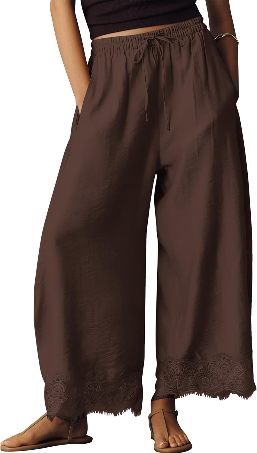 Womens Lace Trim Wide Leg Pants 2026 Summer Cropped Lace-Hem Pants Casual Outfits with Pockets | Amazon (US)